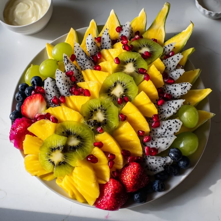 A creative Dragon Scales Fruit and Dip Board features a delicious fruit arrangement with melted dark chocolate too.