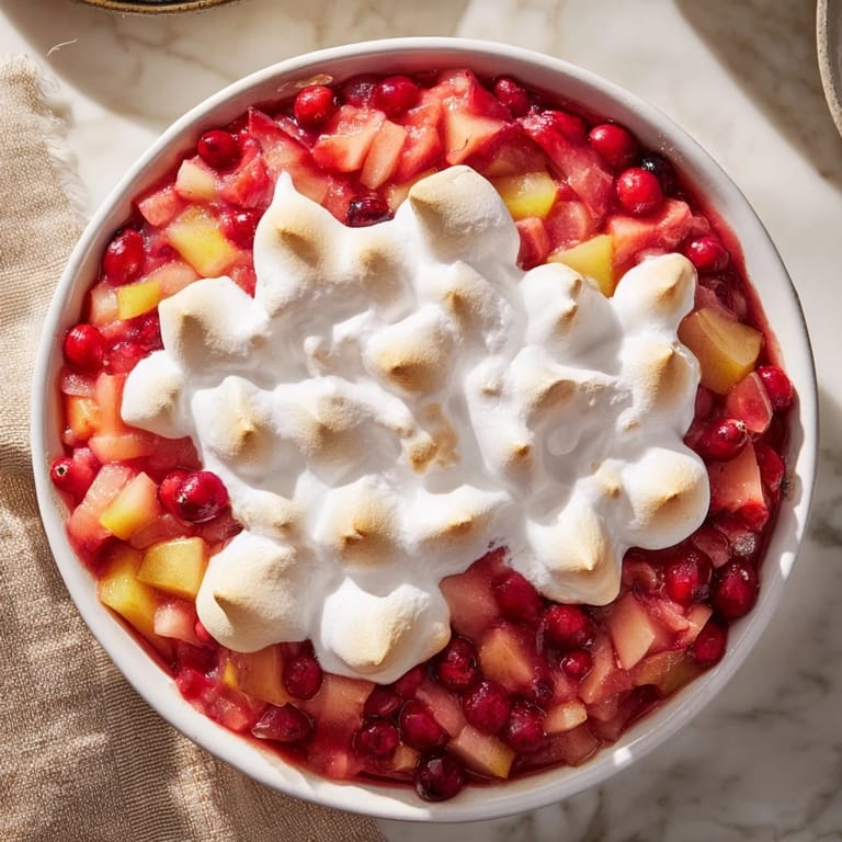 Bright red cranberries and sweet pears star in this beautiful Cranberry and Pear Snowscape dessert.