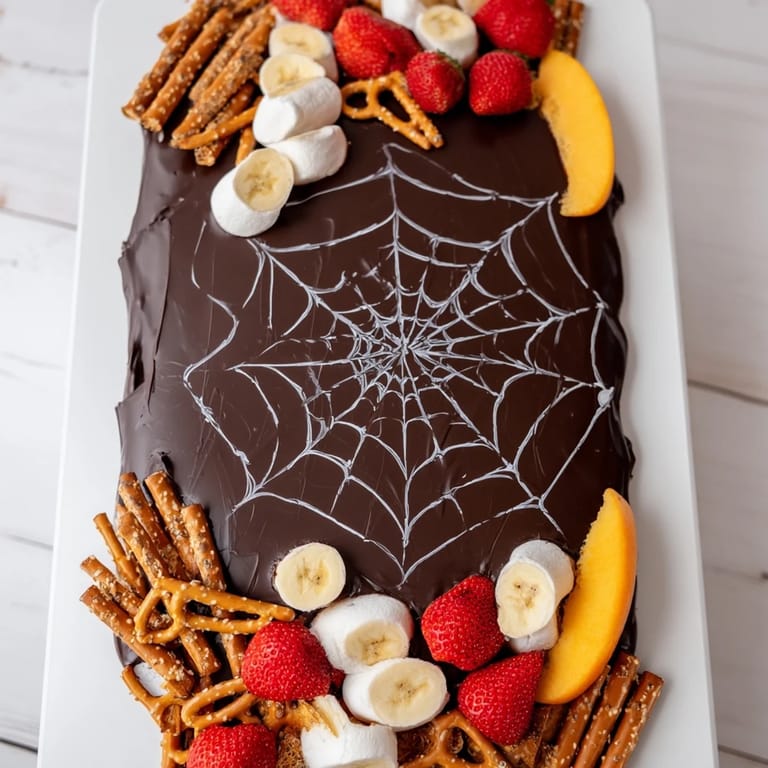 Melted white chocolate spiderwebs decorate the glossy dark chocolate ganache board, a festive dessert.