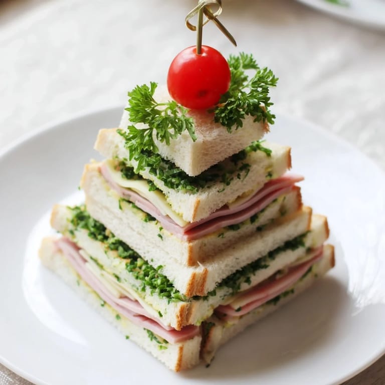 Mouthwatering, Christmas tree-shaped Mini Sandwiches: Ham and Cheese, starring ham, cheese, and a buttery spread.