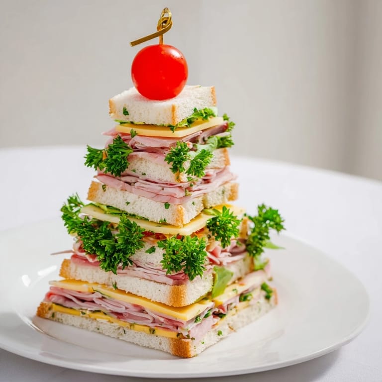 Beautifully arranged Ham and Cheese Mini Sandwiches, Christmas Tree Towers, perfect for a holiday appetizer platter.