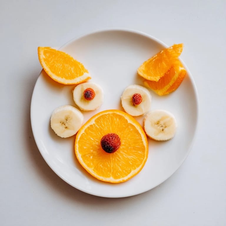 Vibrant Orange Slice Bear Face Fruit Board, colorful and whimsical fruit platter with banana snouts and juicy strawberries.