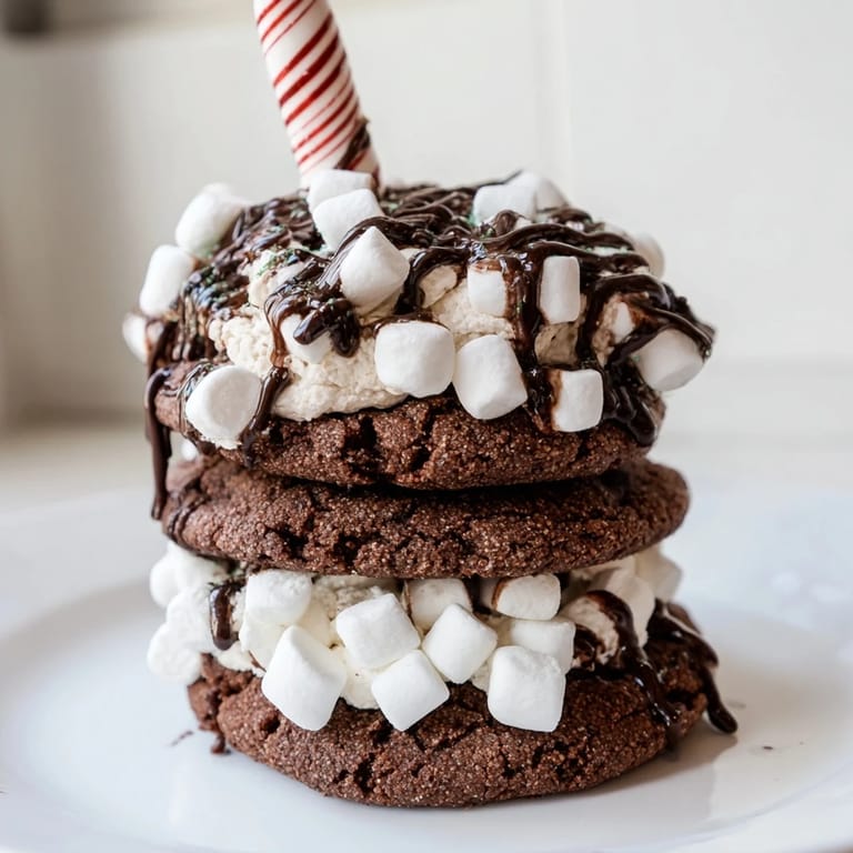 Sweet, layered Hot Cocoa Mug Cookie Stacks topped with fluffy white marshmallow frosting and chocolate.