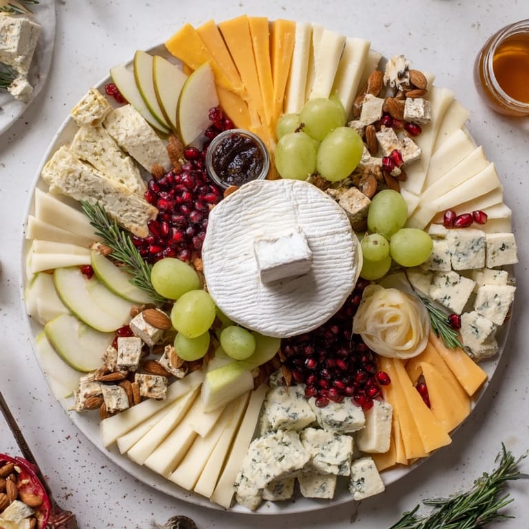 Elegant Star of Bethlehem Cheese Platter with Manchego, Brie, and fresh fruit; a visual appetizer delight.
