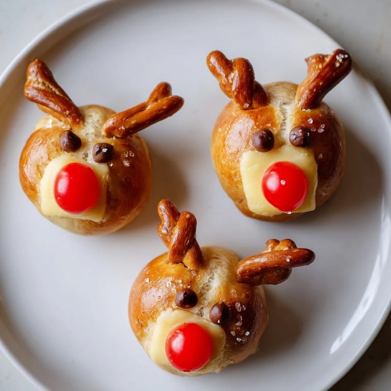 Golden, baked Rudolf's Red Nose Pretzel Bites, filled with cheese and festive pretzel antlers.