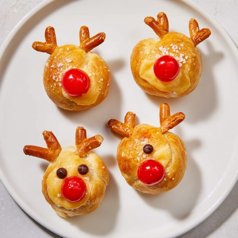 Warm, savory Rudolf's Red Nose Pretzel Bites, a fun appetizer with cheese and candy decorations.