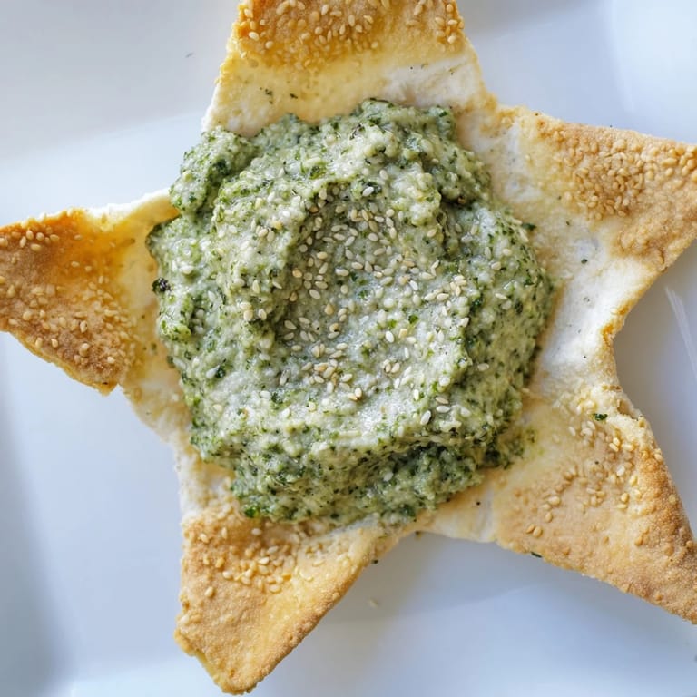 Close-up of creamy, vibrant star-shaped pesto dip surrounded by golden, crispy crackers.