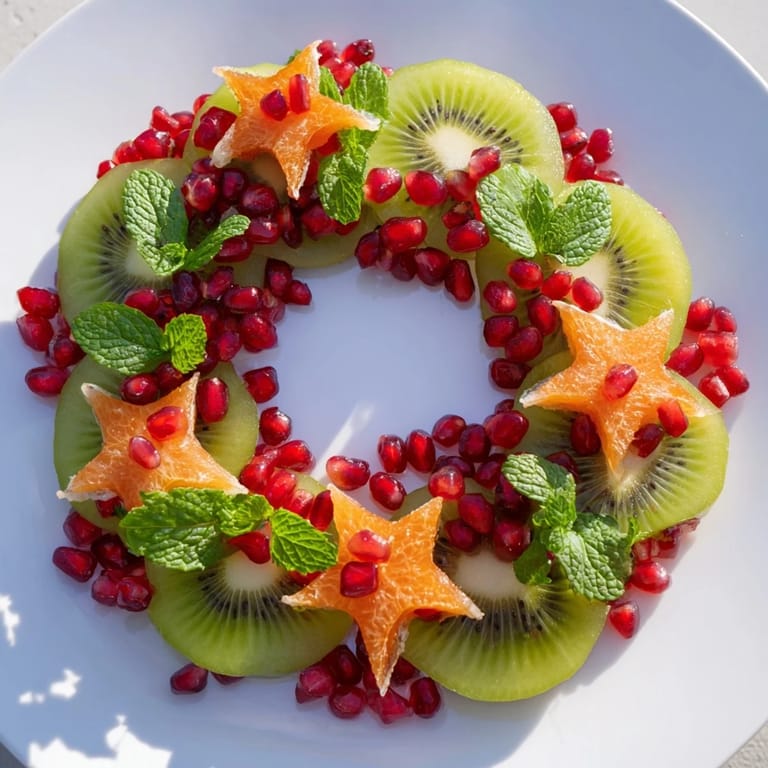 Vibrant kiwi and pomegranate create this stunning Christmas wreath, a festive fruit plate ready for serving.