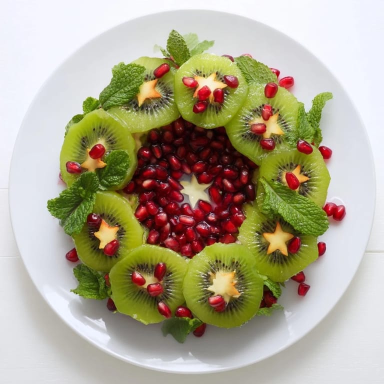 A beautiful, fresh fruit Kiwi and Pomegranate Christmas wreath, a healthy holiday treat brimming with sweet flavors.