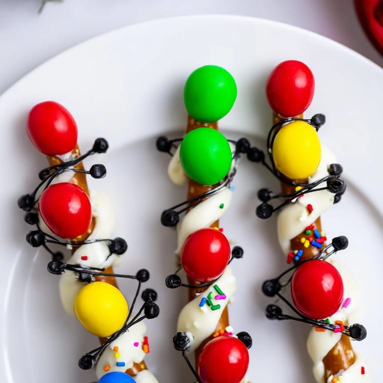 Enjoy a close-up of the delicious pretzel sticks and dip Christmas lights, a sweet and easy American treat.