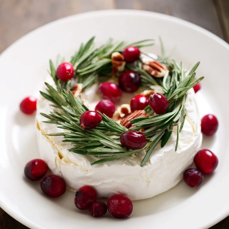 A decorated Brie Cheese Wheel, featuring fresh rosemary sprigs and festive cranberries for a vibrant appetizer.