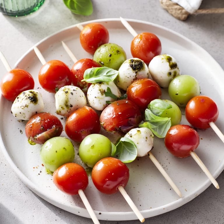 Christmas tree shaped Red and Green Caprese Skewers, a delightful holiday appetizer with juicy tomatoes.