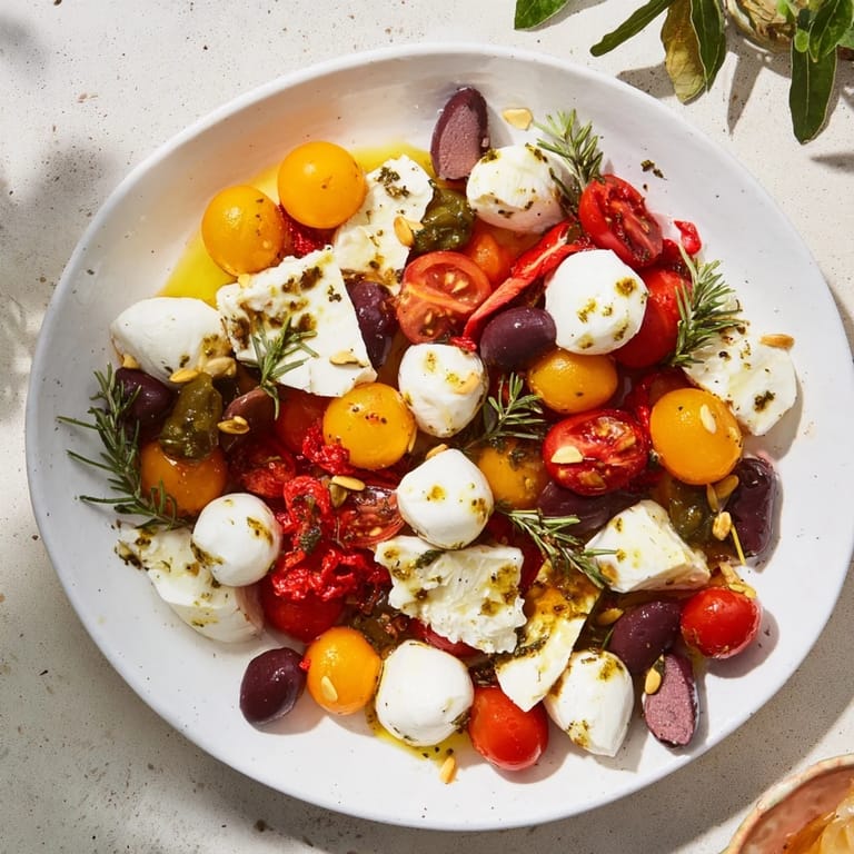Mediterranean-inspired Olive and Cherry Tomato Garland Board with cheese and olives arranged beautifully.