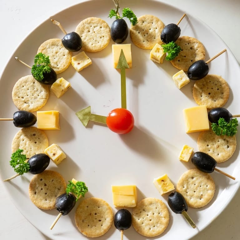 A delicious New Year's Clock Countdown showcases a cheese and olive clock face, perfect for entertaining.