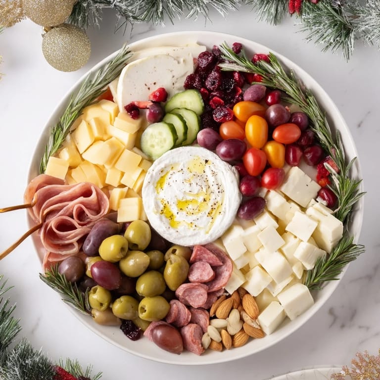 Vibrant Evergreen Wreath Board appertizer: delicious cheeses, meats, and fresh fruits presented on a holiday platter.