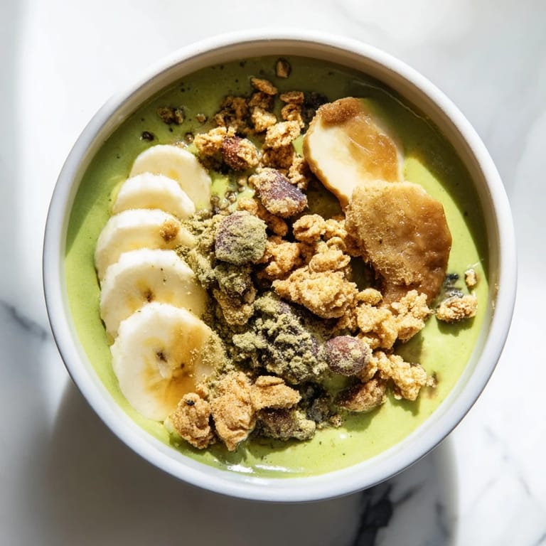Creamy green Gingerbread Cookie Matcha Breakfast Smoothie Bowl, accented with mini gingerbread cookie crumbles and fresh berries.