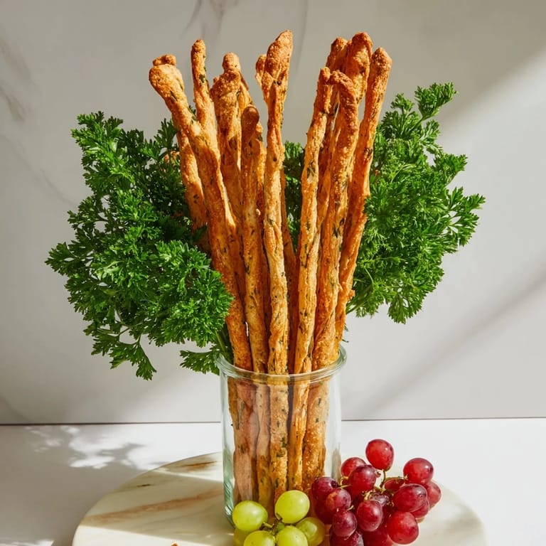 Vibrant parsley and grapes encircle the vertical breadsticks, creating a visually stunning Vertical Forest snack platter.