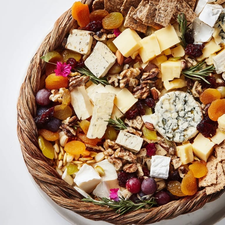 The rustic Autumn Harvest Horn of Plenty features a bountiful cheese and fruit selection for entertaining.