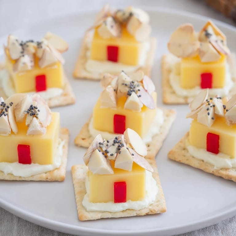 Festive Alpine Village appetizer with snowy crackers and cheesy miniature houses.