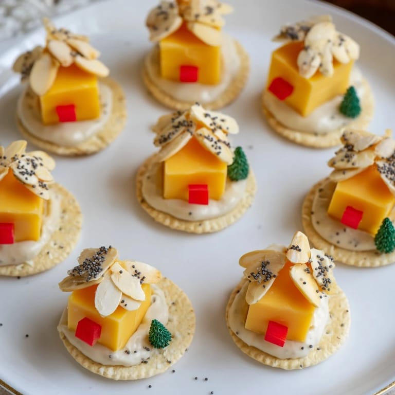 Whimsical Alpine Village snack featuring miniature cheese houses set on a cracker snowscape.