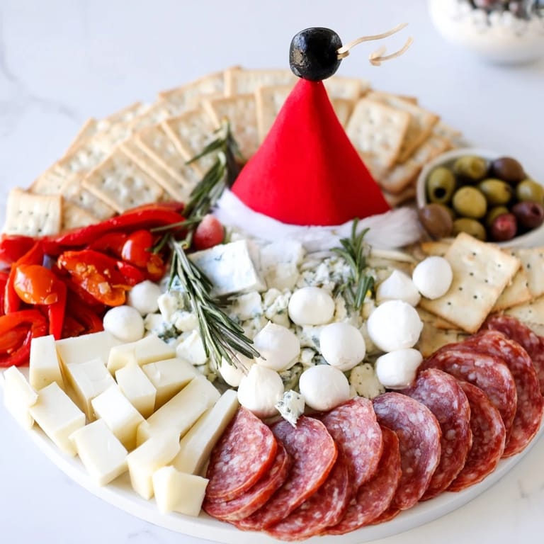 Santa's Beard and Hat Board is artfully arranged with white cheeses mimicking a beard next to a vibrant red hat made of salami.