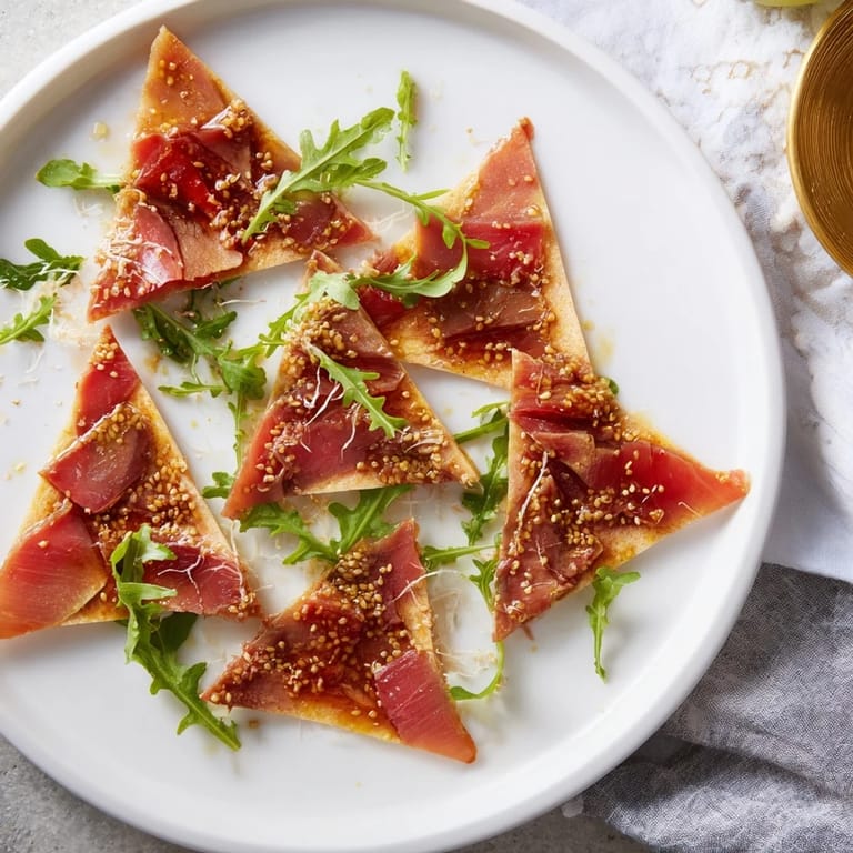 Savory, artfully arranged Origami Fold Beef Appetizer, ready to serve and bursting with flavor.