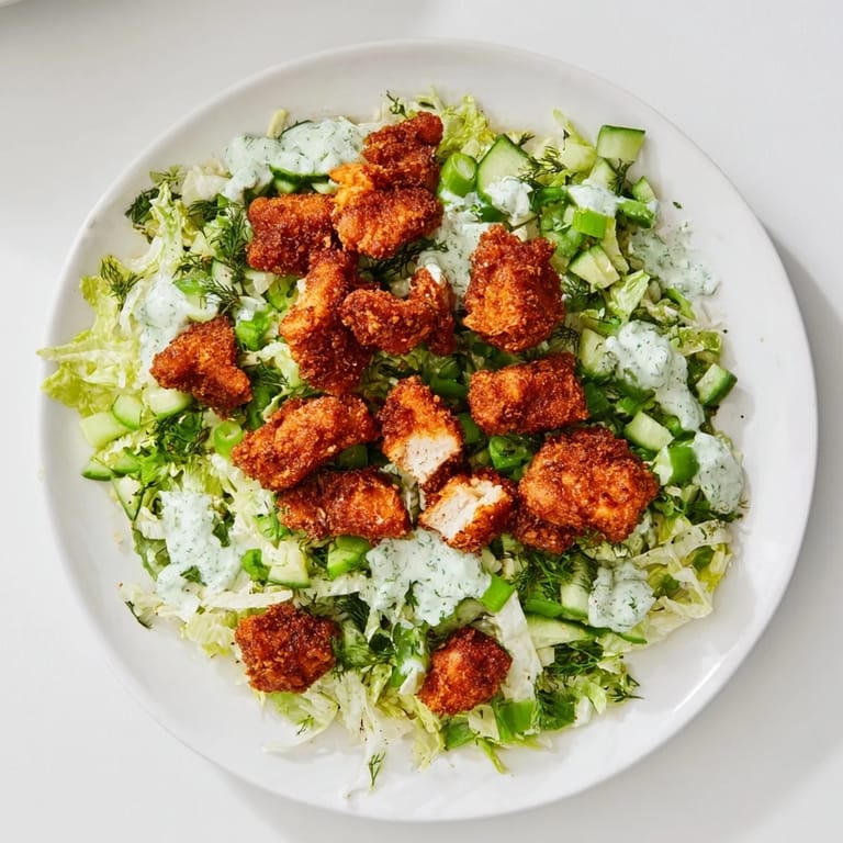 Creamy Green Goddess dressing coats a colorful bowl of this hearty Nugget Salad with fresh herbs.