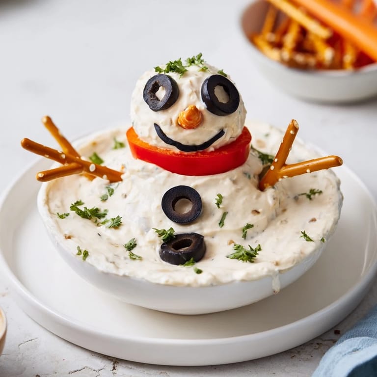 This festive Melted Snowman Dip, ready for dipping, features a red bell pepper scarf and pretzel arms.