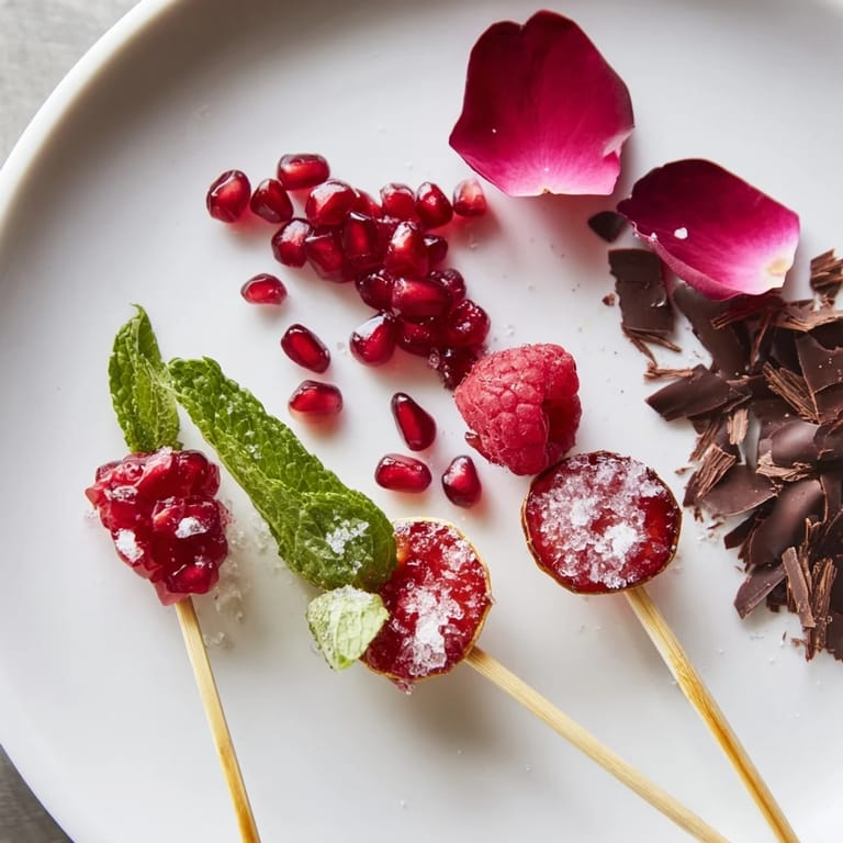Romantic Baisers de Minuit garnishes: visually stunning skewers with raspberries, mint, and edible rose petals.