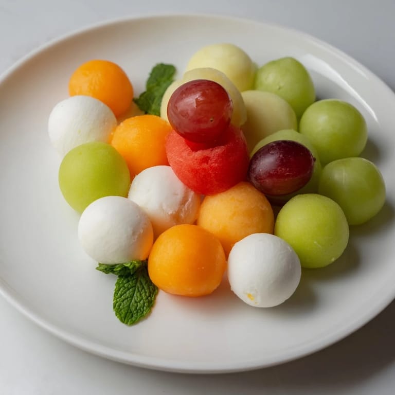 This beautifully arranged polka dot platter presents fresh mozzarella pearls and savory snack balls.
