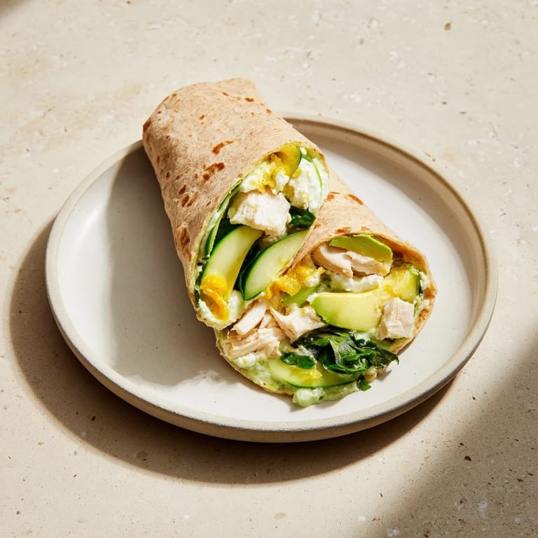 A visually appealing Green Goddess Wellness Wrap, layered with chicken, avocado and spinach, perfect for a quick lunch.