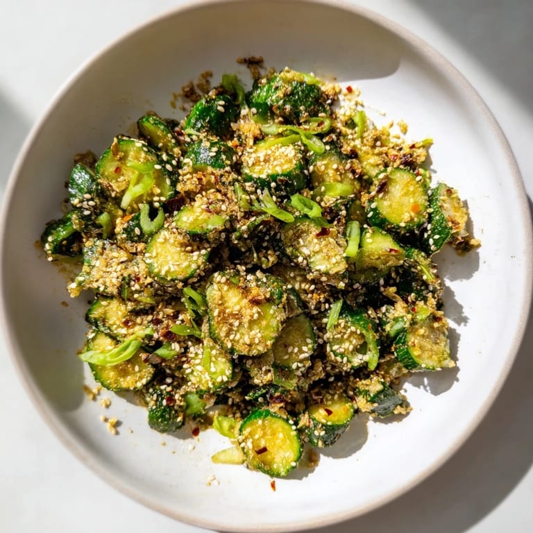 Umami-packed Cucumber Shaker ready to eat, with crunchy cucumbers and a savory dressing.