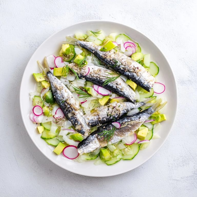 This layered Cucumber and Tinned Fish Date Night Salad features colorful vegetables topped with savory tinned fish.