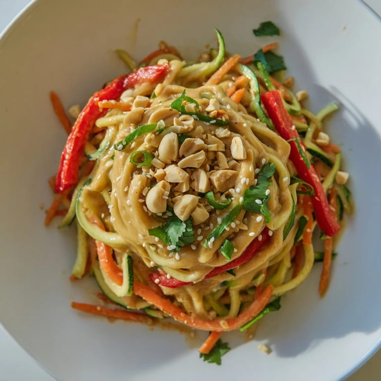 Bright, cold Zesty Peanut Zucchini Noodles salad with fresh herbs, ready for a delicious, healthy meal.