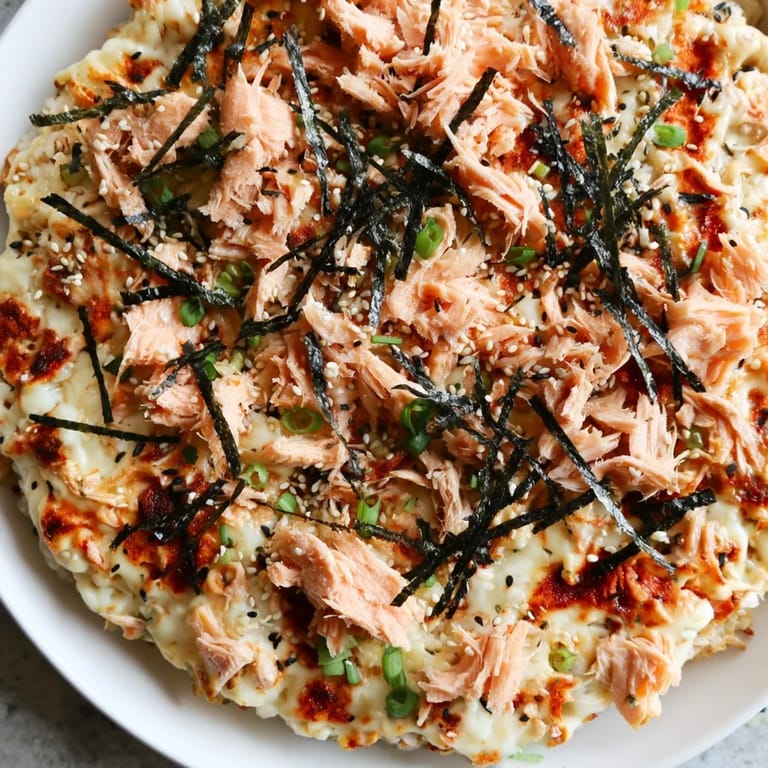 This oven-baked Creamy Salmon Sushi Bake features a tender, creamy salmon mixture atop fluffy rice with toppings.
