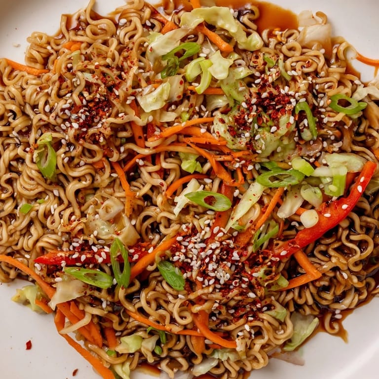A bowl of delicious Spicy Ramen Stir Fry, topped with scallions and sesame seeds, ready to enjoy.