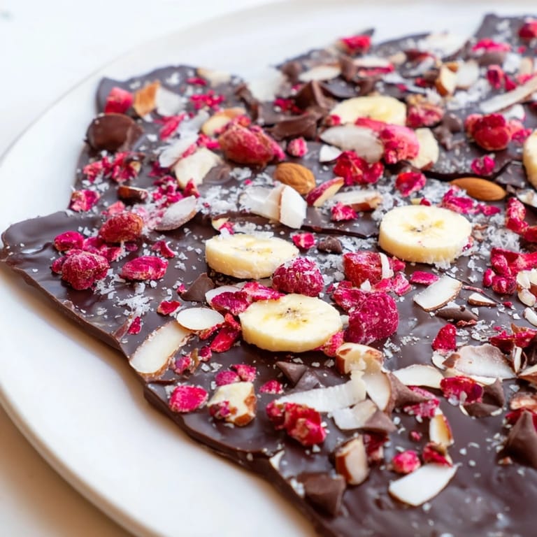 Homemade Chocolate Banana Bark sprinkled with nuts and berries, a refreshing and easy dessert idea.