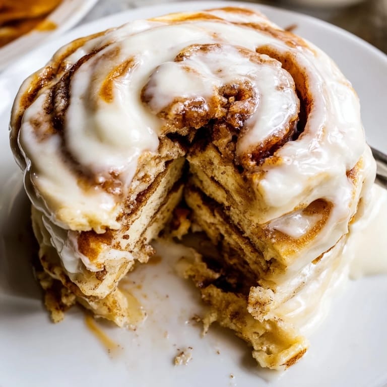 Warm, soft Cinnamon Roll Pancakes stacked and smothered in sweet glaze, a perfect weekend treat.