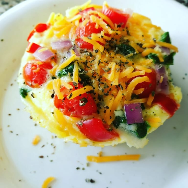 Plate of delicious Veggie Egg Muffins; savory breakfast bites with fresh spinach and cheddar cheese.