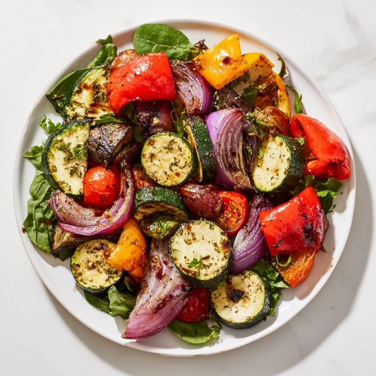 Close-up of a delicious roasted vegetable salad, tossed with herbs and served with a balsamic dressing.