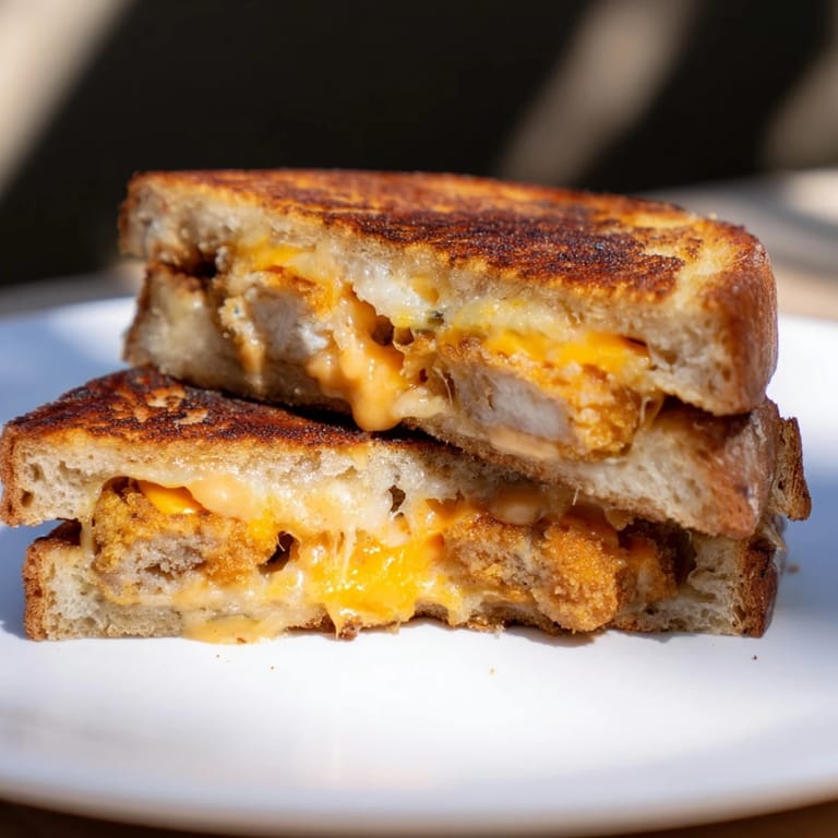 Cheesy, delicious Chicken Nugget Grilled Cheese with golden, toasted bread and melted cheese pull.