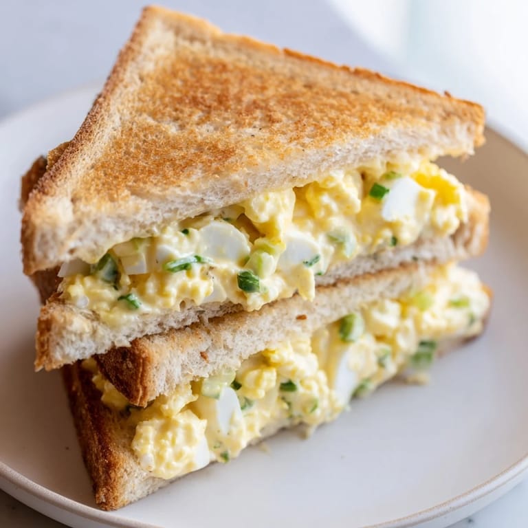 Delicious Egg Salad Grilled Cheese: the tangy egg salad filling is sandwiched inside toasty, golden bread.
