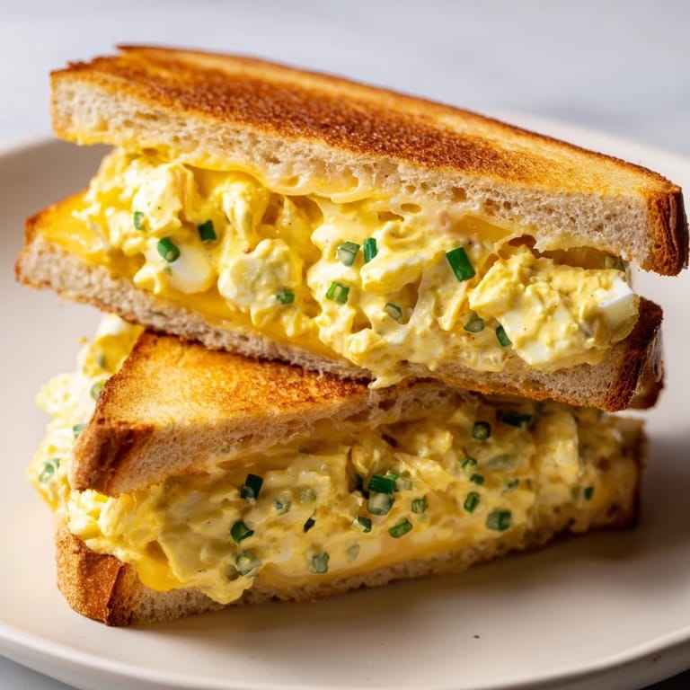 Melted cheese spills over the edges of a warm, perfectly grilled Egg Salad Grilled Cheese sandwich.