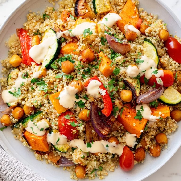 A colorful bowl of Quinoa Power Salad showing fluffy grains and perfectly roasted vegetables for lunch.