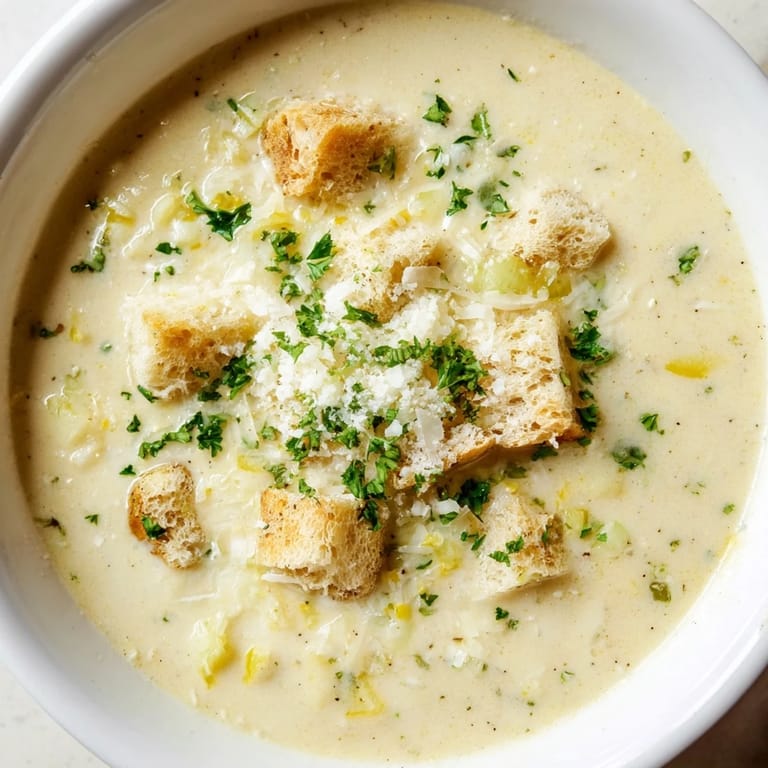 Imagine the taste: perfectly textured creamy garlic bread soup, perfect for dipping crusty bread in.