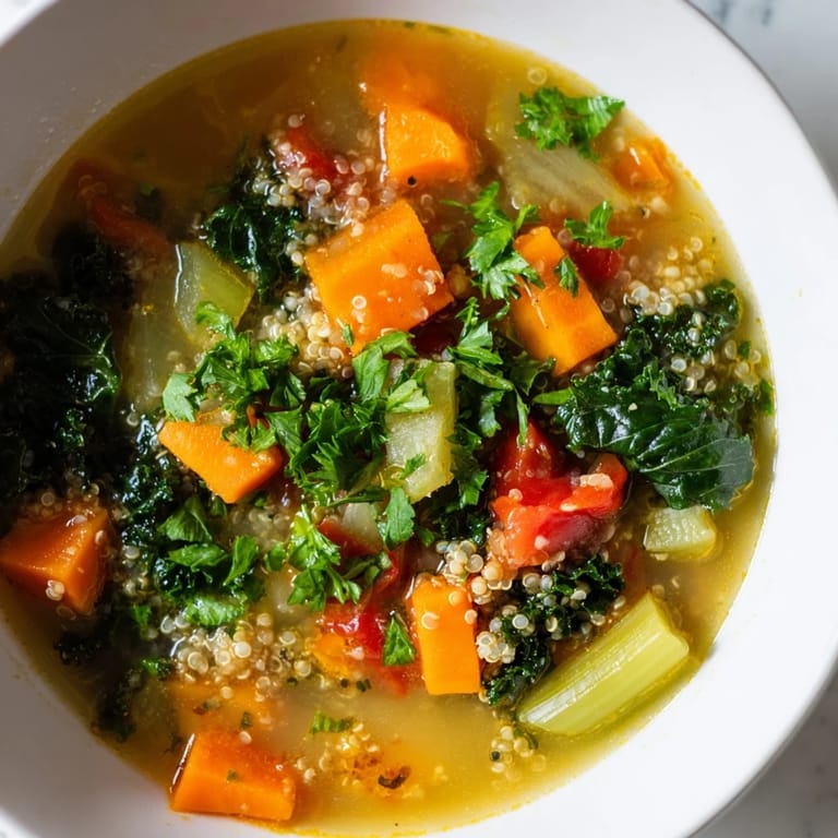 A close-up shot of the Nourishing Winter Veggie Soup, with fresh parsley and a bright aroma filling the air.