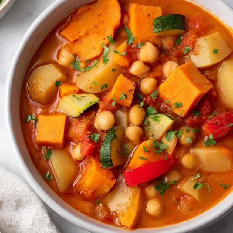 A close-up of Hearty Vegan Sweet Potato Stew, brimming with colorful veggies and a savory broth.