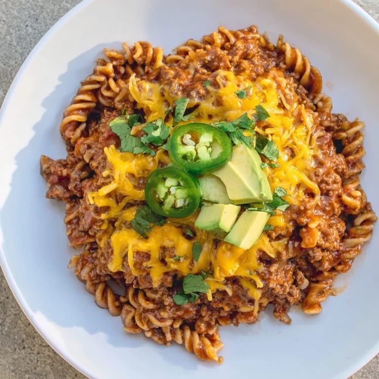 Golden, cheesy, and delicious: a hearty serving of homemade Beef Taco Pasta Skillet.