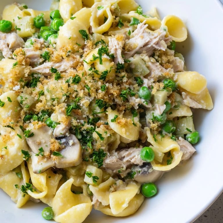 Homemade tuna noodle casserole 2.0, a comforting American classic with tender noodles and flaked tuna.
