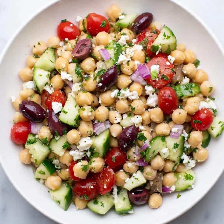 Enjoy a close-up of this delicious Mediterranean Chickpea Salad, showcasing fresh ingredients and zesty flavors.